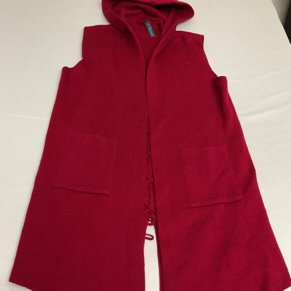 Hooded Sleeveless Red Knit Vest With Lace-Up Back Detail- size L Womens Open Fro - Picture 5 of 9